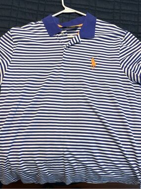 Striped Blue & White Polo Golf Shirt with Orange Logo XXL
